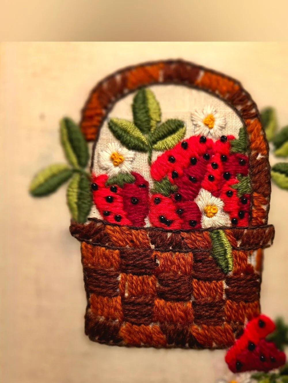 Vintage Hand Embroidered Strawberry Basket Wall Art – Cottagecore Folk Art